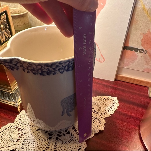 Tienshan Folk Craft Cream & Blue Sponge Paint Pitcher - Heart & Cow - 64 Oz - Picture 4 of 8